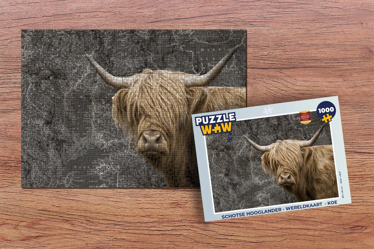 PuzzleWow Schotse Hooglander Wereldkaart Legpuzzel 1000 Stuks - Multicolor