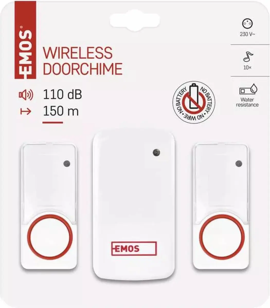 EMOS Draadloze deurbel voor thuisgebruik zonder batterijen, 2x buitenbelknop, P5