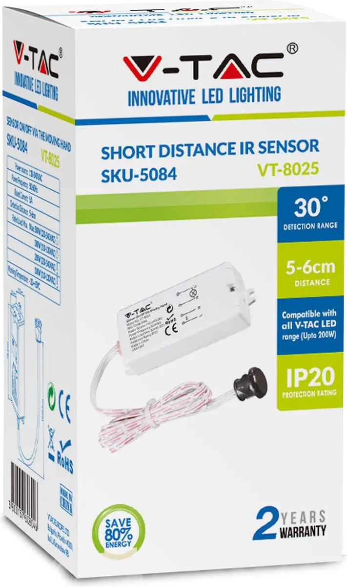 V-TAC VT-8025 handgebaren bewegingssensor - IP20 - wit - afbeelding 3 van 6