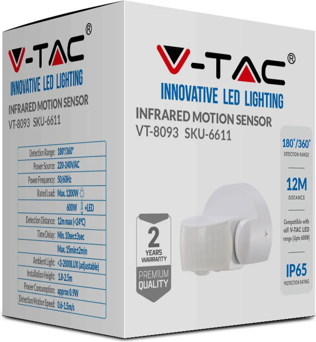 V-Tac VT-8093 Bewegingsmelder - IP65 - Wit - afbeelding 4 van 6