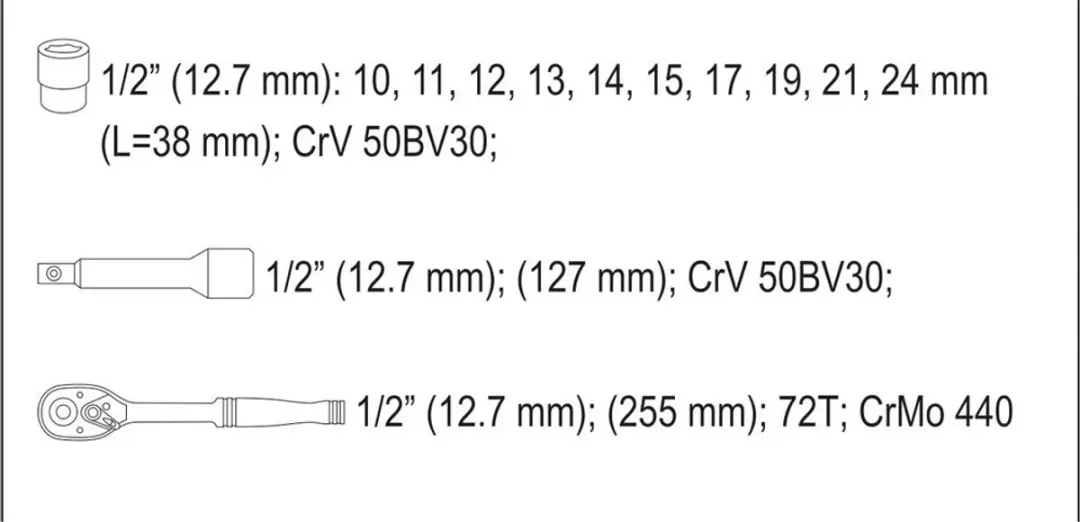 Yato YT-38671 Ratel Dopsleutelset 1/2" - 12-delig - afbeelding 3 van 6