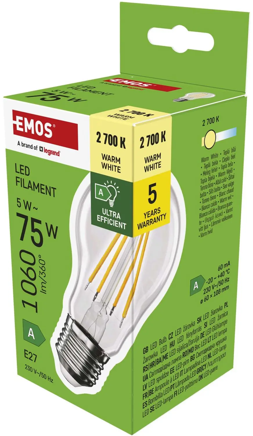 EMOS LED-lamp Filament A60 A-klasse / E27 / 5 W (75 W) / 1 060 lm / warmwit, ZF5