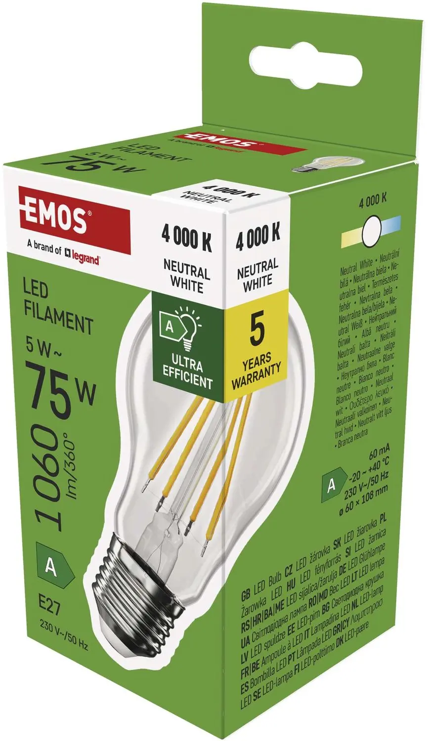 EMOS LED-lamp Filament A60 A-klasse / E27 / 5 W (75 W) / 1 060 lm / neutraal wit