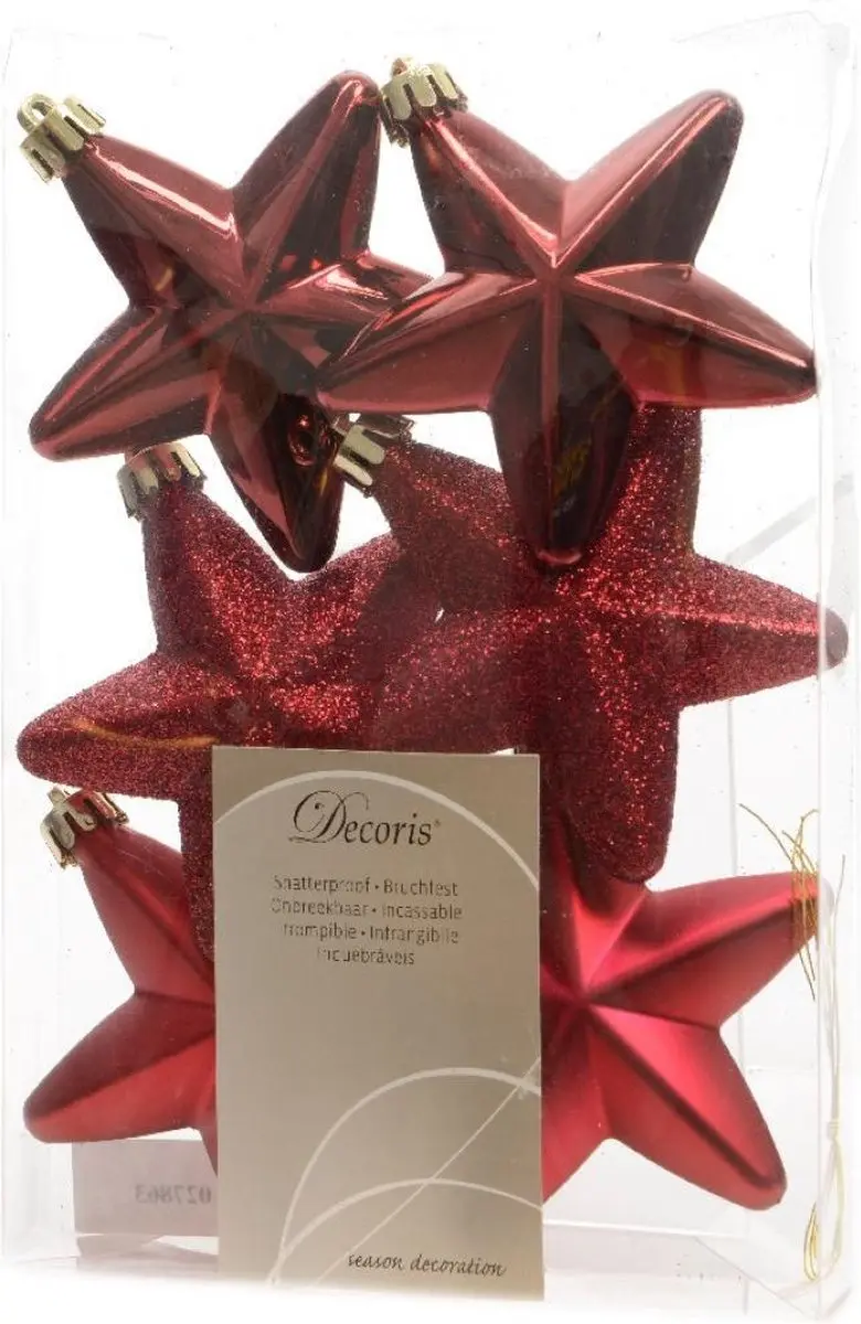 Decoris Ster Plastic Glans-Mat-Glitter Ossenbloed 2x7.5x7.5cm