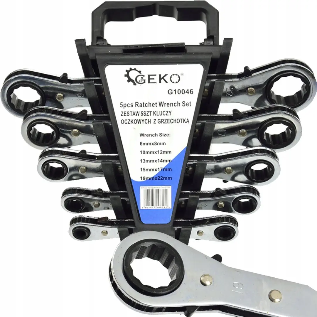 Geko Ringsleutel Set met Ratel, 5 Delig, 6-22mm