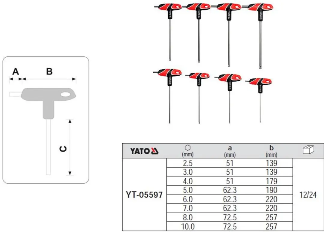 Yato YT-05597 Inbussleutelset - T-Handle - Balhoofd - afbeelding 2 van 3