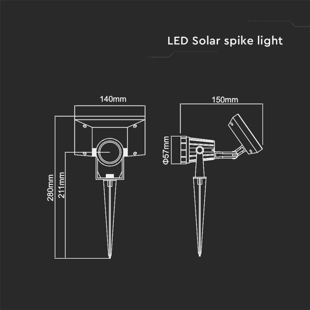 V-TAC VT-952 Solar Tuinlamp - 2W - 6400K - Zwart - afbeelding 5 van 6