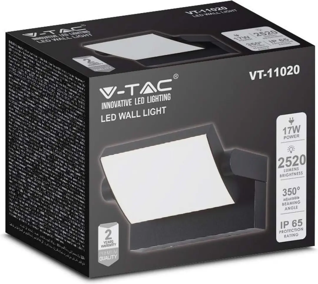 V-TAC VT-11020-B LED Draaibare Wandlamp - IP65 Waterdicht - Zwart - 17W - 2520 Lumen - 3000K - afbeelding 6 van 6