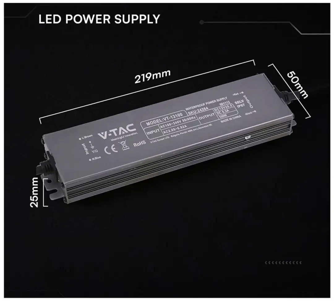 V-TAC VT-13100 LED-transformator 100W 12V - Zwart - afbeelding 3 van 3