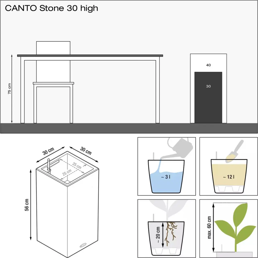 Lechuza Canto Plantenbak 30 high - 12 l - Grafietzwart - afbeelding 4 van 6