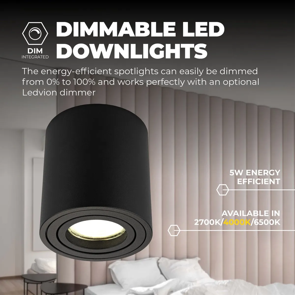 Ledvion LED Opbouwspots 5W 4000K - 4 Stuks Zwart