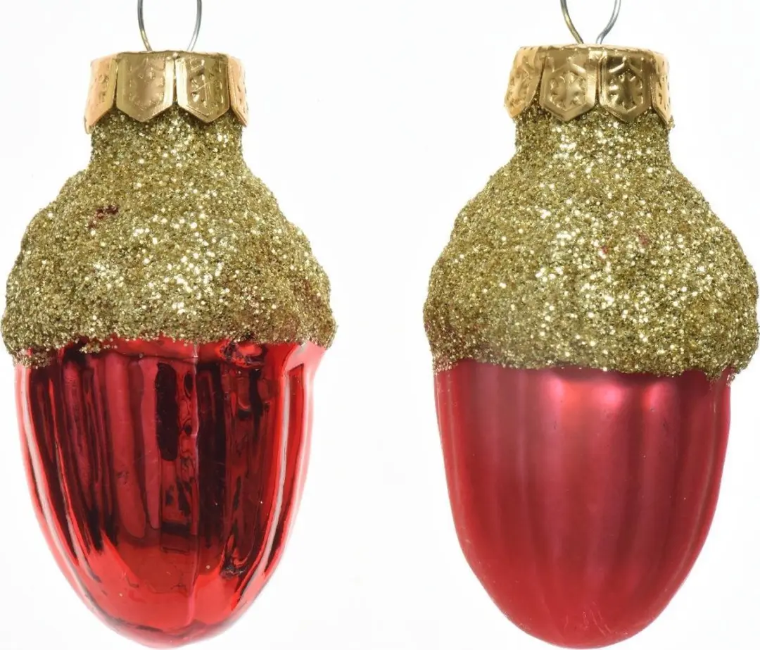 Decoris Eikel Glas Glans-Mat Glitter Kerstrood dia3x4cm