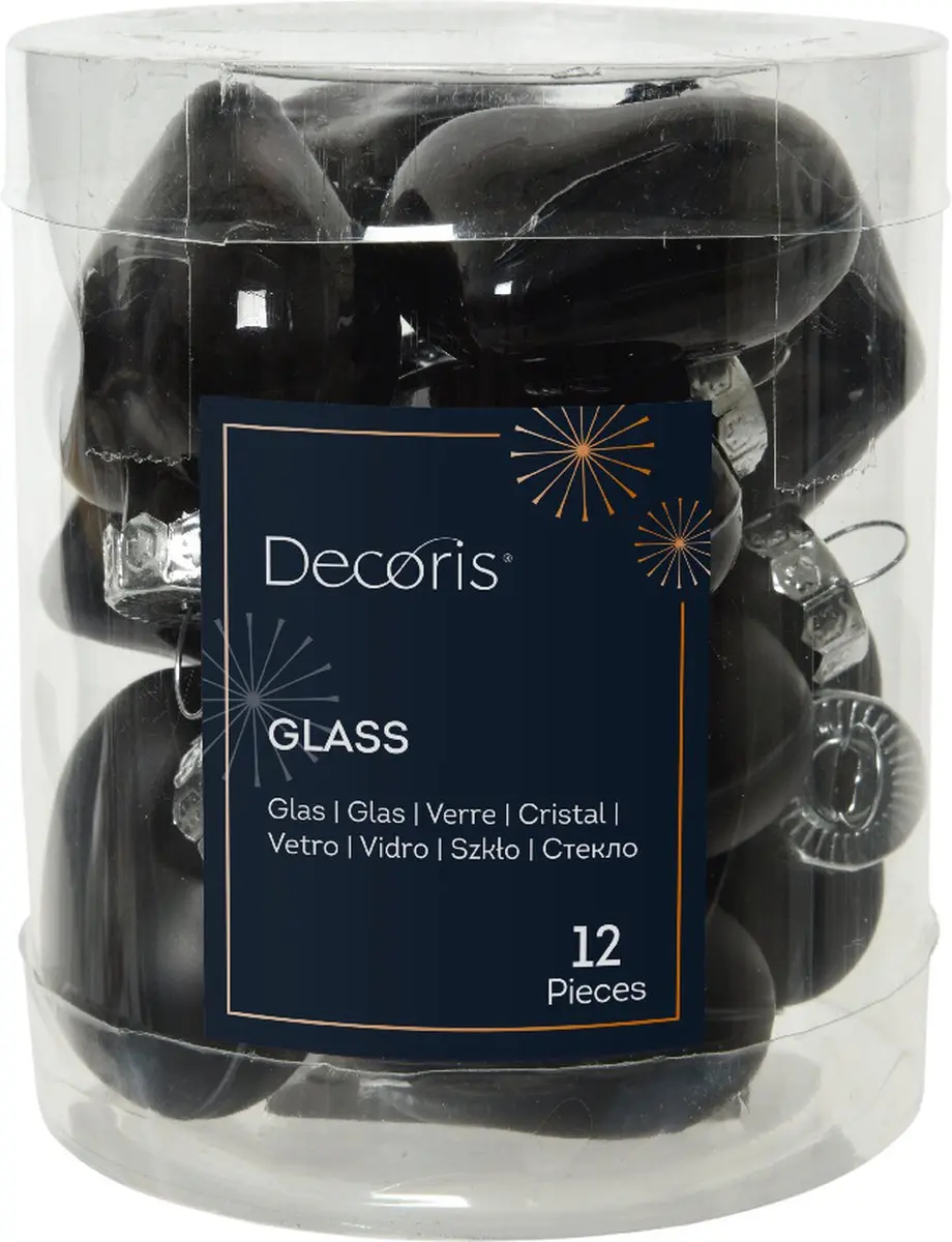 Hart glas l2b4.5h4 cm zwart 12st kerst