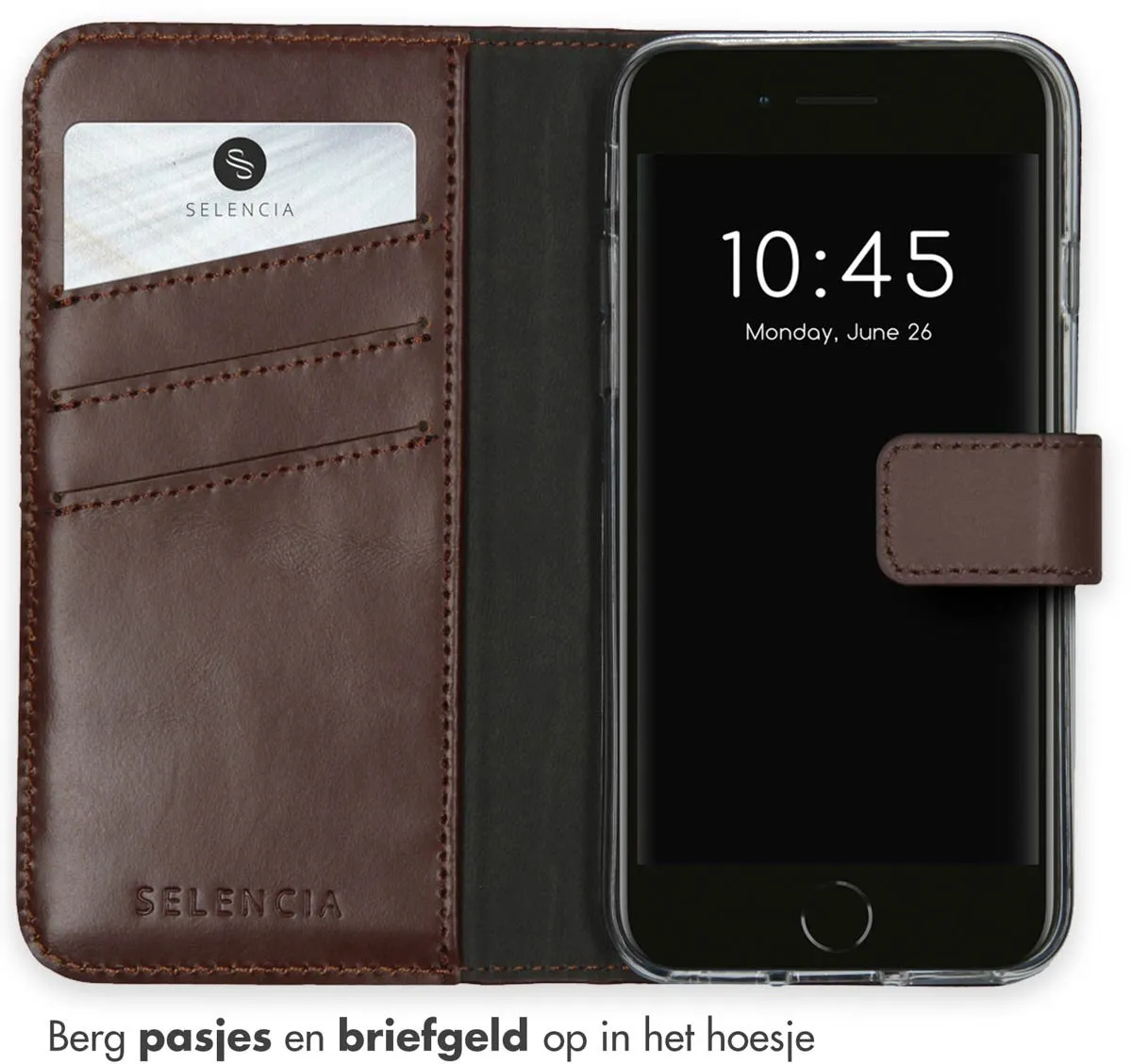 Selencia Hoesje iPhone SE/8/7/6s/6 - Echt Lederen Bookcase Bruin