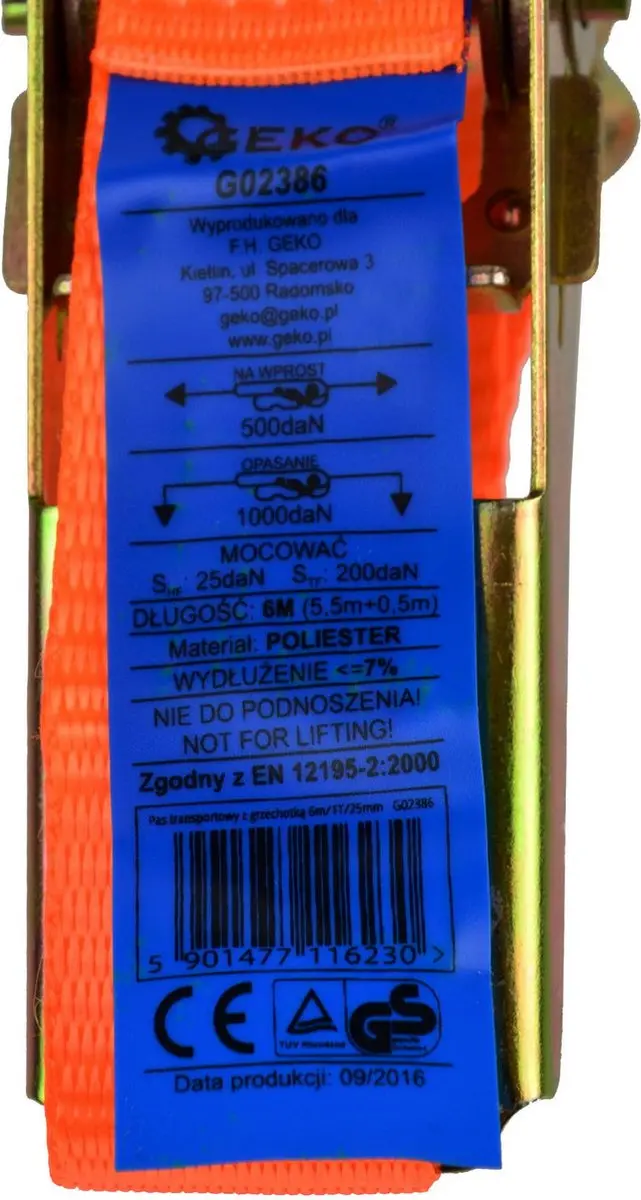 GEKO G02386 Ratelspanband 6m 1000kg - Oranje - afbeelding 3 van 6