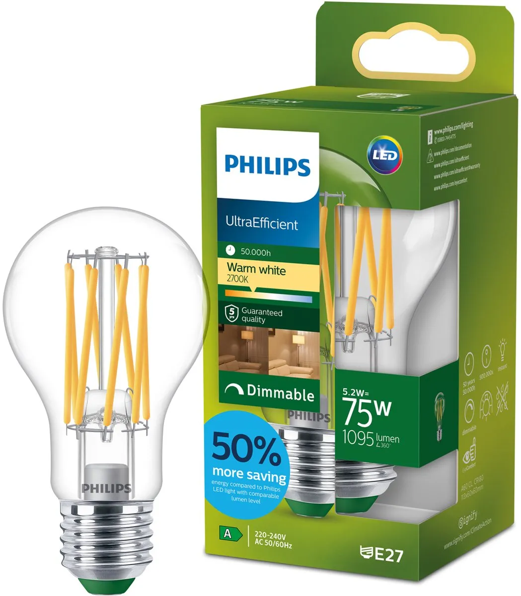 Philips UltraEfficient LED A60 5.2W E27 Warmwit 2700K