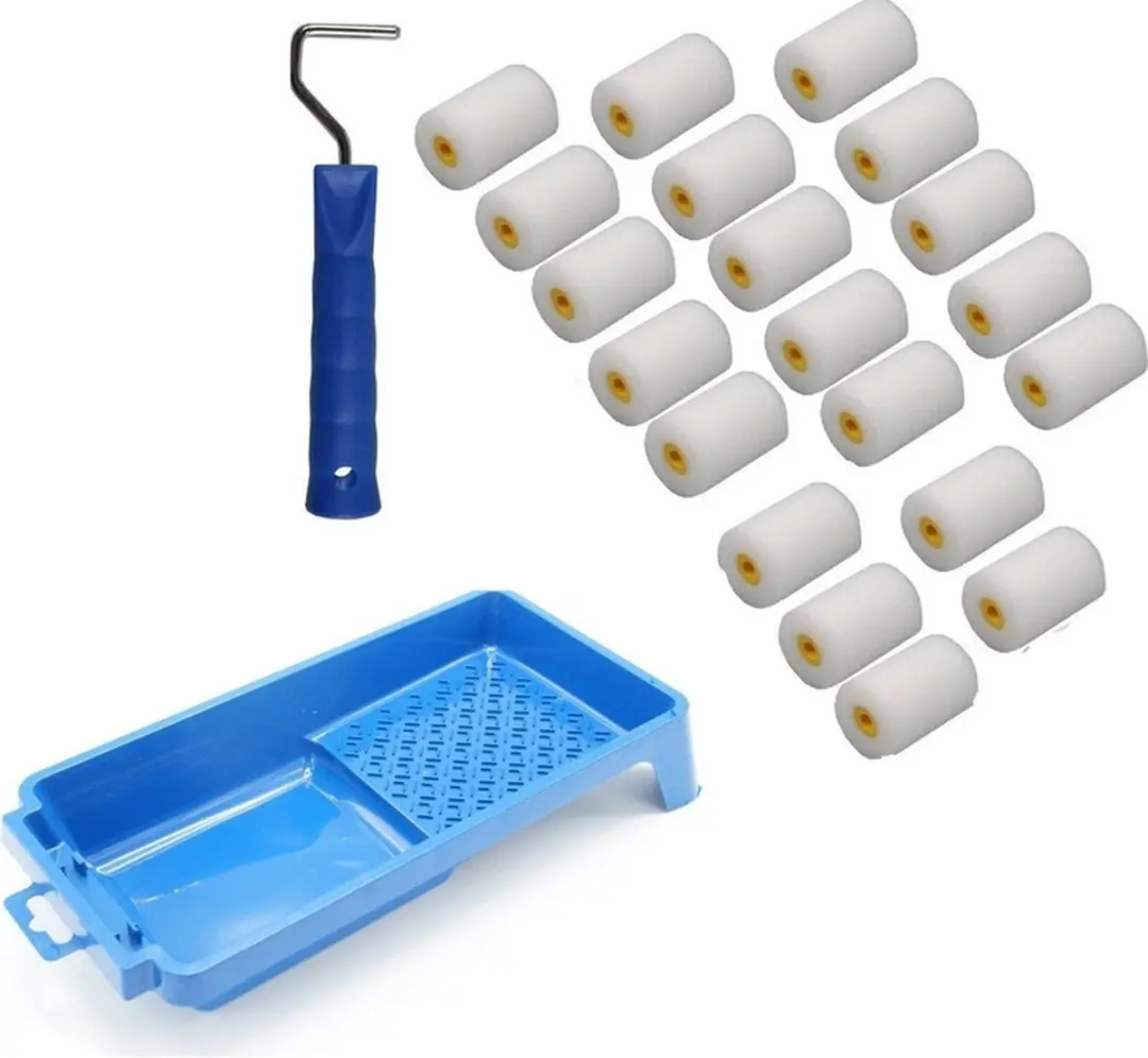 20x verfrollers / schuimrollers fijn incl rollerbeugel en verfbakje