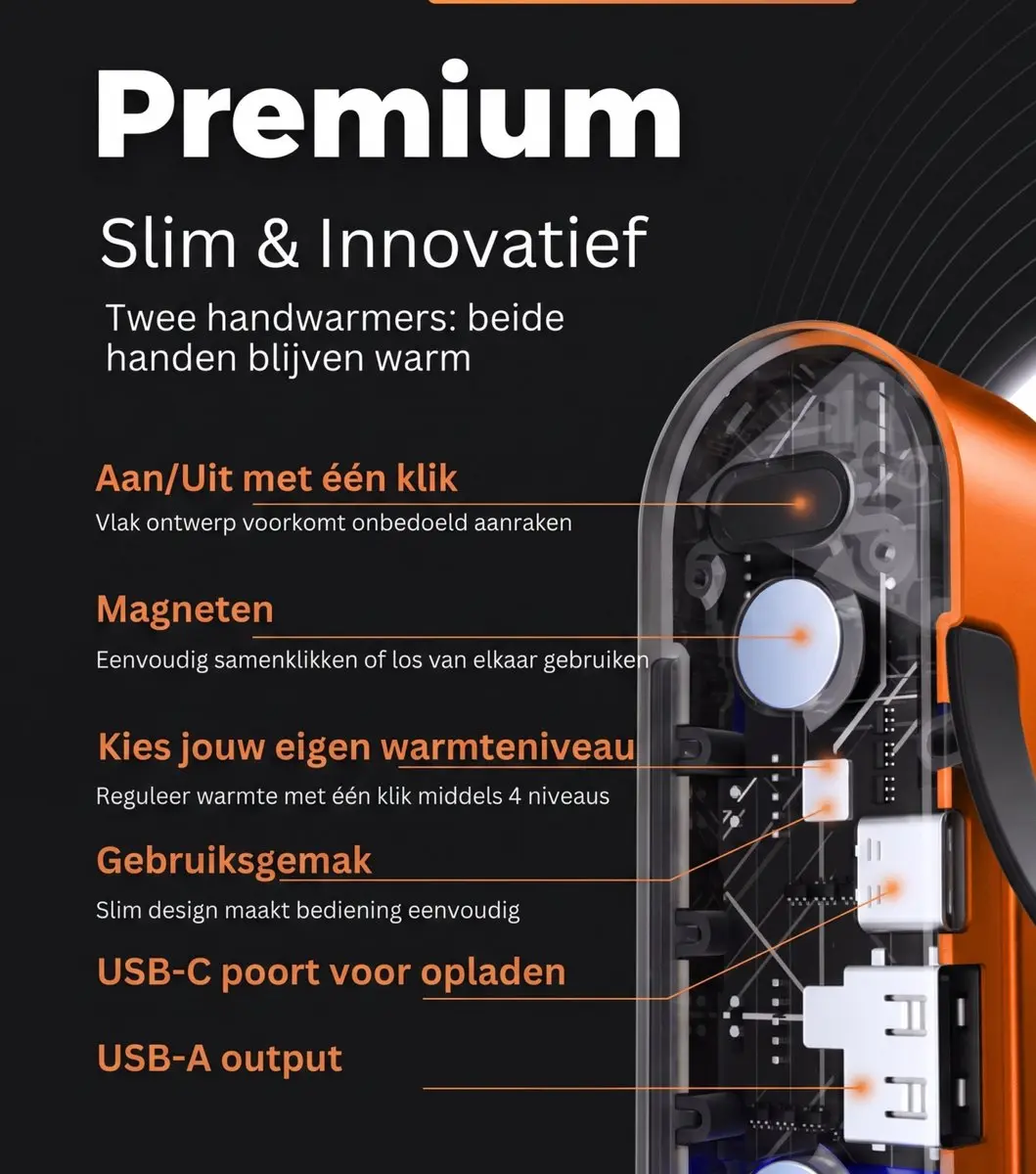 Ocoopa UT2s Handverwarmer - 2 Stuks - Oranje - afbeelding 4 van 6