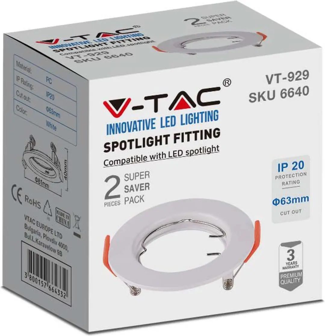 V-TAC VT-929-W LED Inbouwspot - GU10 - IP20 - Wit - afbeelding 5 van 6