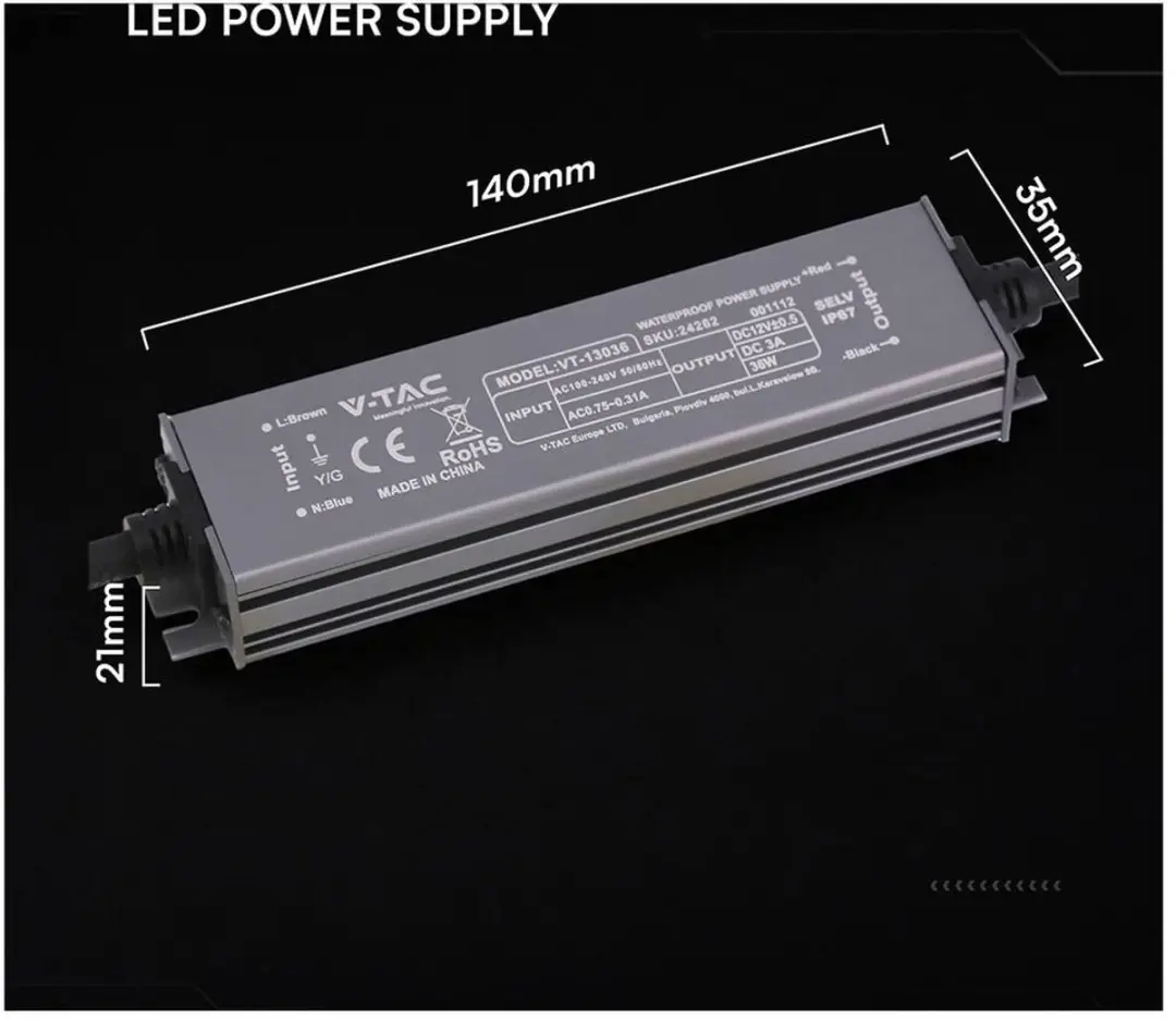 V-TAC VT-13036 LED-transformator - 36W 12V DC - Zwart - afbeelding 3 van 3
