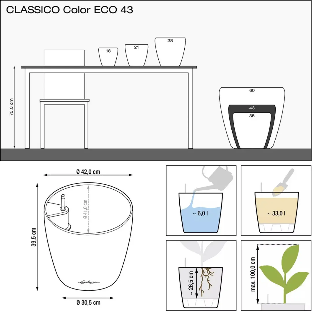 Lechuza CLASSICO Color ECO 43 Plantenbak - Lichtgrijs - afbeelding 4 van 6