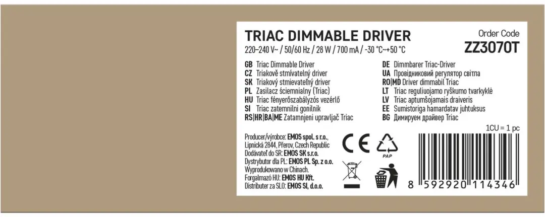 EMOS ZZ3070T Triac-dimbare LED driver 700mA 28W - afbeelding 3 van 6