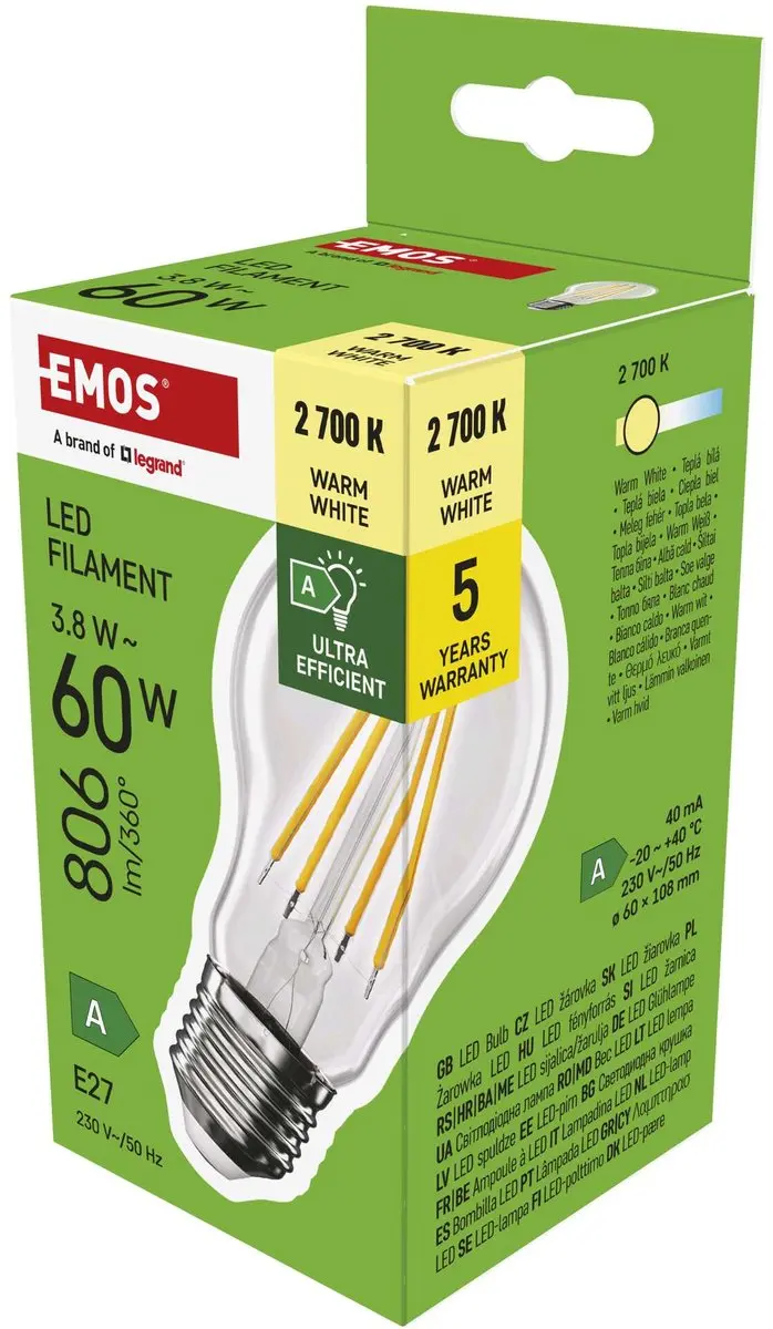EMOS LED-lamp Filament A60 A-klasse / E27 / 3,8 W (60 W) / 806 lm / warmwit, ZF5