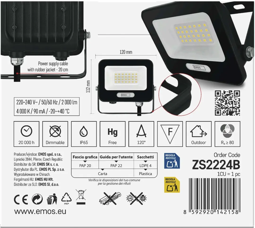 Emos GLARO ZS2224B LED-schijnwerper 20W - Zwart - afbeelding 6 van 6