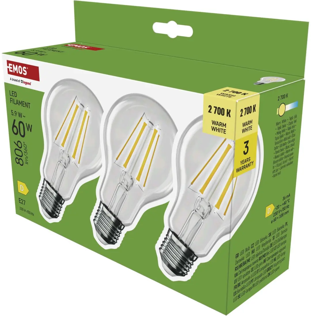 EMOS LED-lamp Filament A60 / E27 / 5,9 W (60 W) / 806 lm / warmwit / 3 stuks, ZF