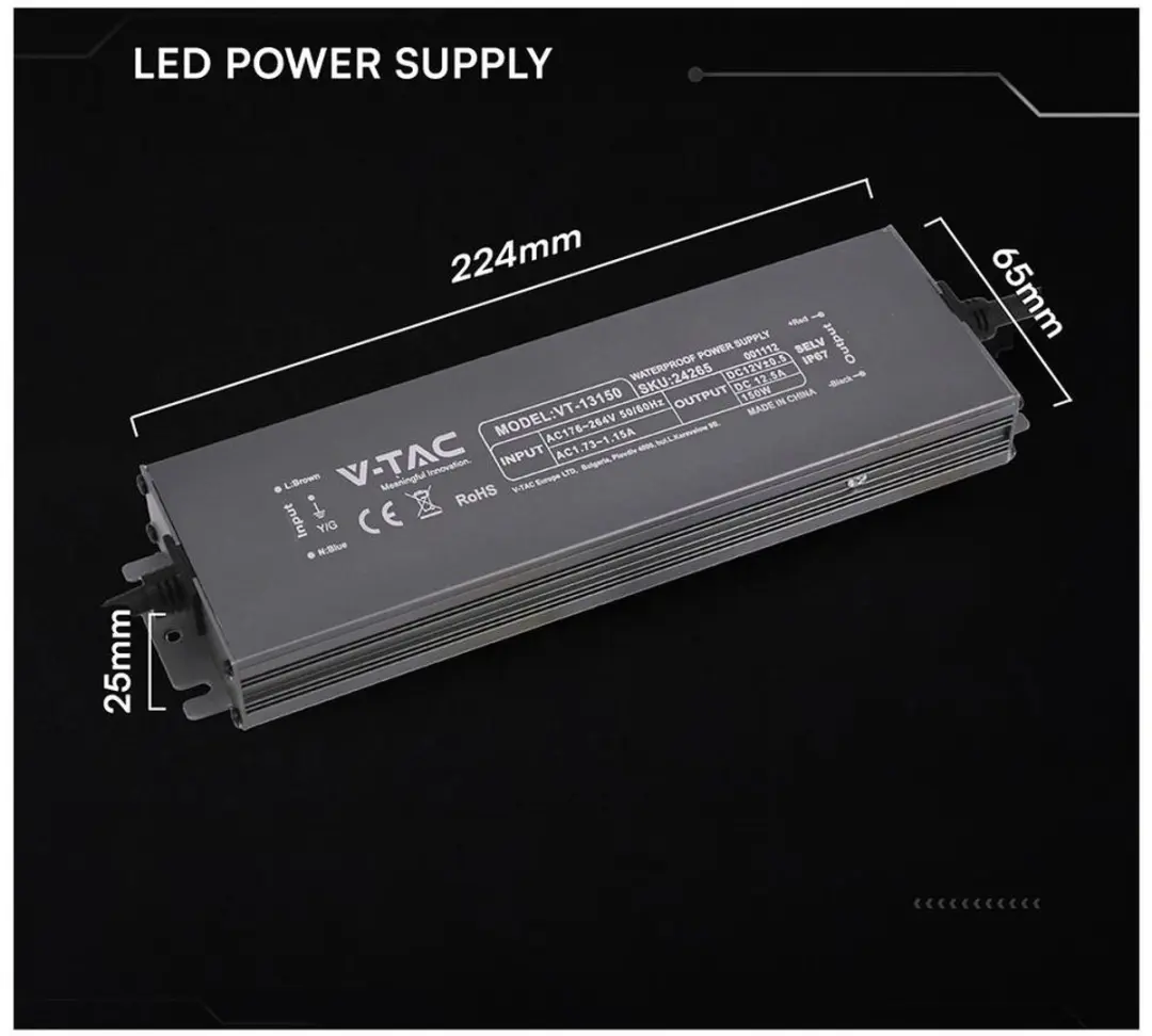 V-TAC VT-13150 LED-transformator 150W 12V - Zwart - afbeelding 3 van 3