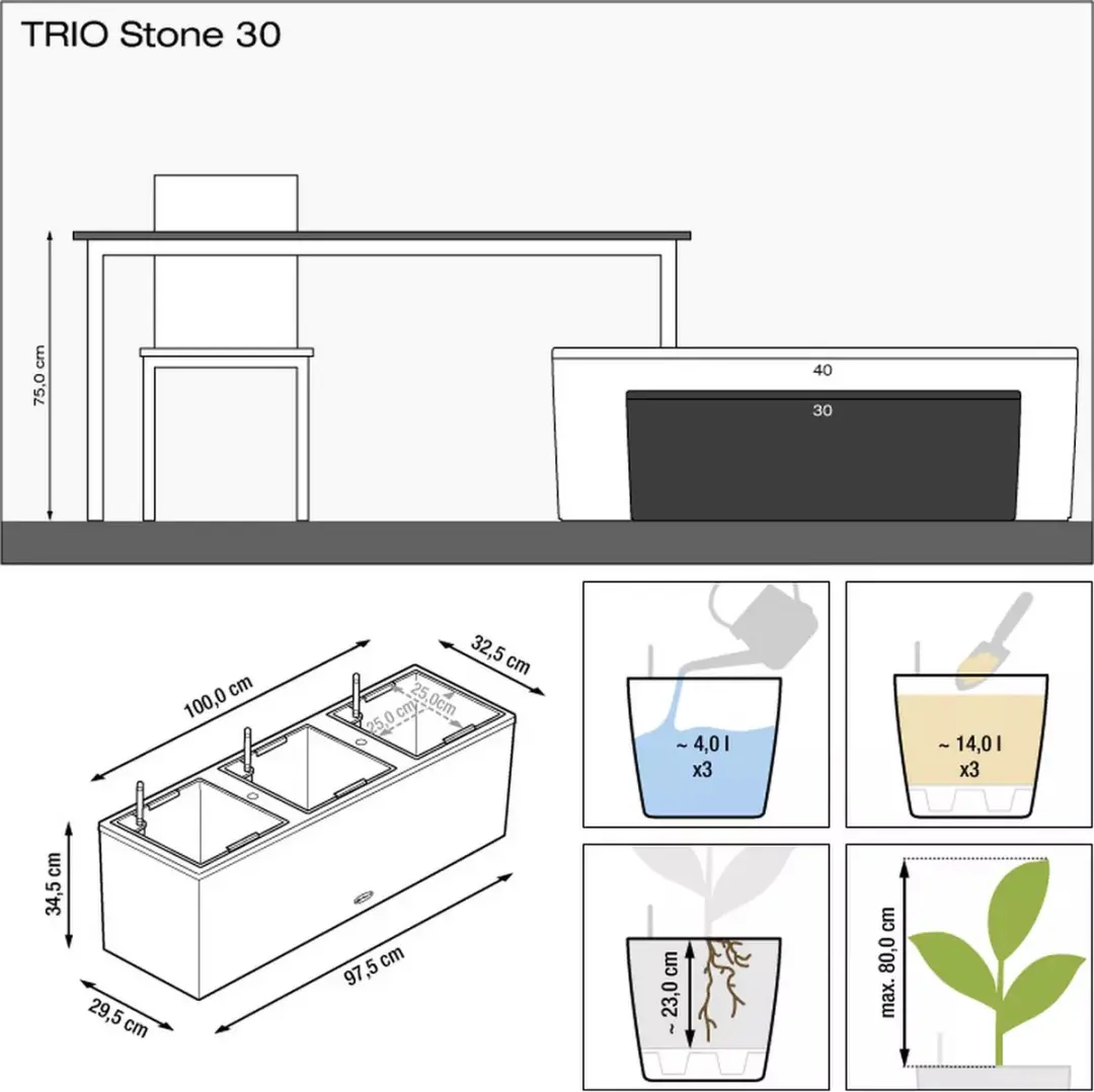 Lechuza Trio Stone 30 Plantenbak - 42L - Grafietzwart - afbeelding 2 van 6