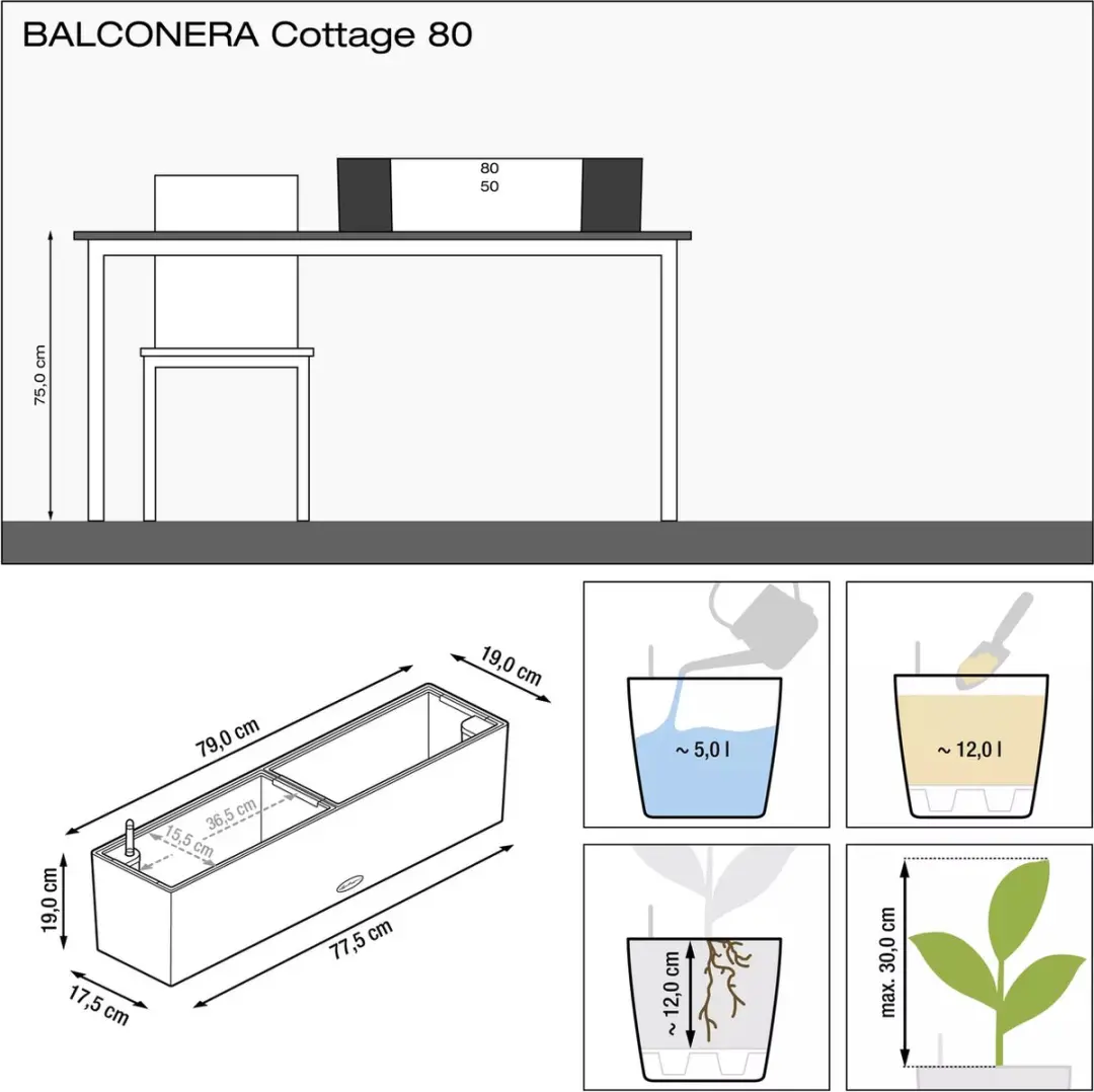 Lechuza Balconera Cottage 80 Plantenbak - Grafietzwart - afbeelding 2 van 6
