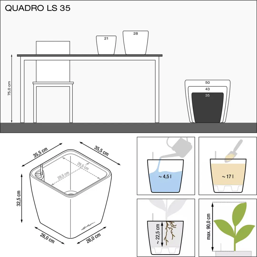 Lechuza Quadro Premium LS 35 Plantenbak - 17L - Zwart - afbeelding 3 van 6