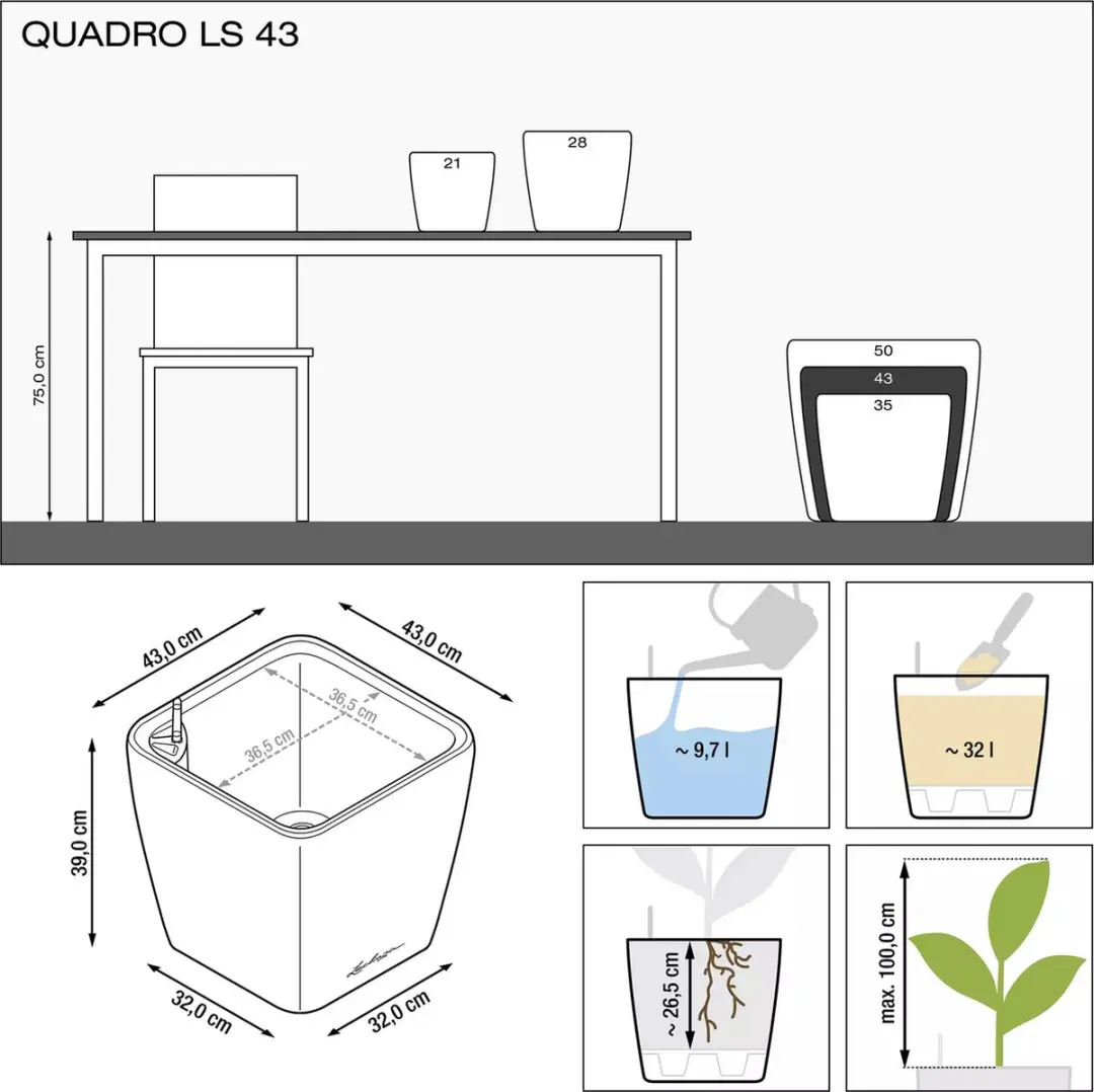 Lechuza Quadro LS 43 Plantenbak - 32L - Antraciet - afbeelding 3 van 6