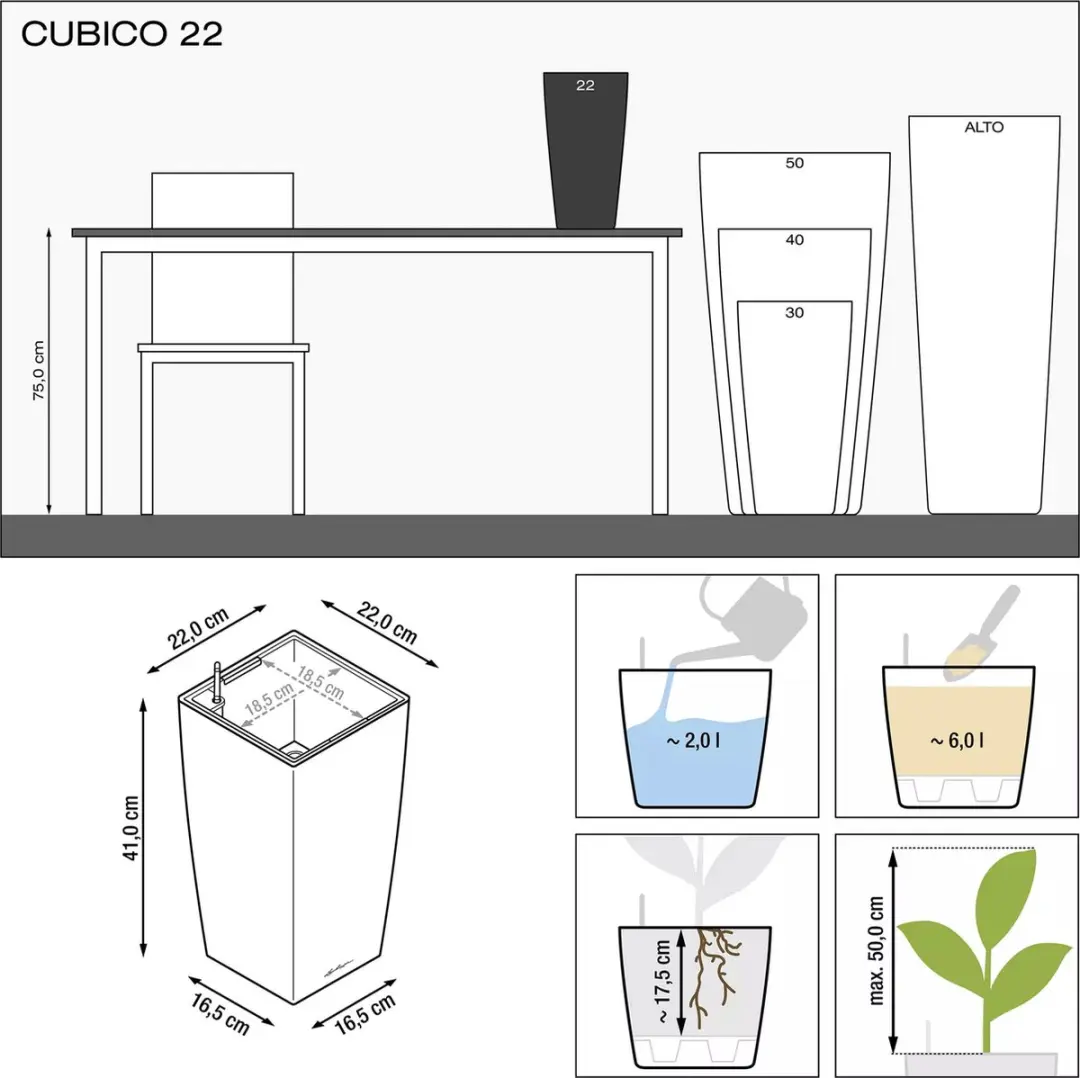 Lechuza Cubico Premium 22 Plantenbak 6l - Antraciet - afbeelding 2 van 6