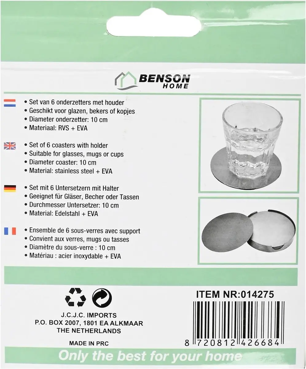 Benson Set van 6 zilveren RVS onderzetters met houder