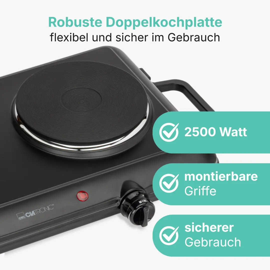 Clatronic DKP 3583 Dubbele Kookplaat - 1000+1500W - Zwart - afbeelding 2 van 6