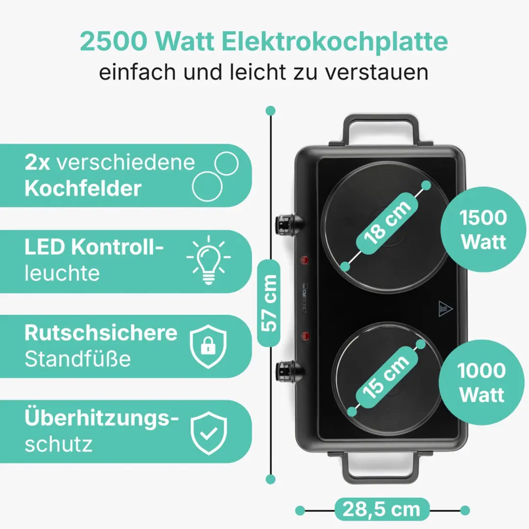 Clatronic DKP 3583 Dubbele Kookplaat - 1000+1500W - Zwart - afbeelding 3 van 6