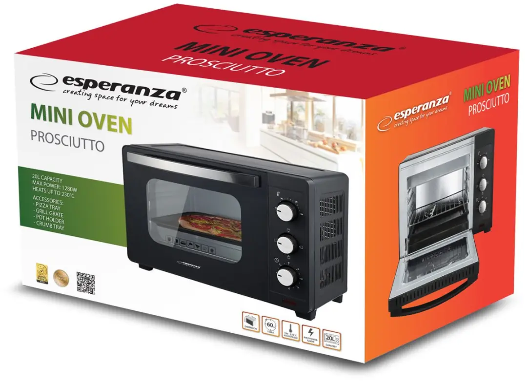 Esperanza Prosciutto Mini Oven 20L EKO008N - Zwart - afbeelding 4 van 4
