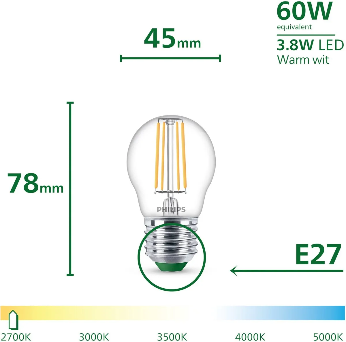 Philips UltraEfficient LED E14 3.8W Warmwit P45 - Helder glas