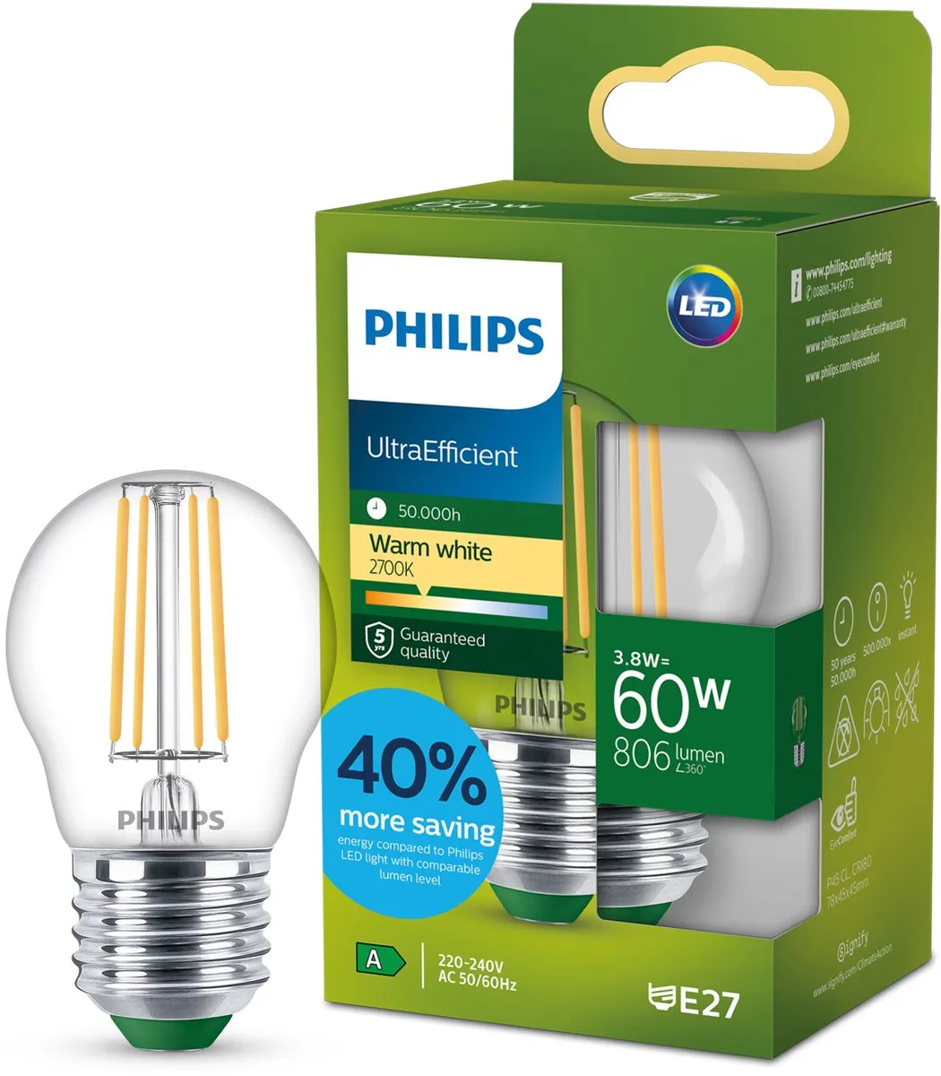 Philips UltraEfficient LED E14 3.8W Warmwit P45