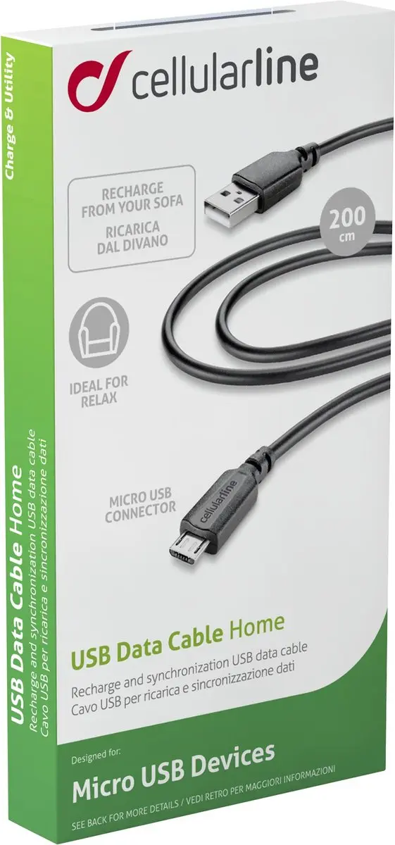 Cellularline Home USBDATACMICROUSB2M USB-kabel - Zwart - afbeelding 6 van 6