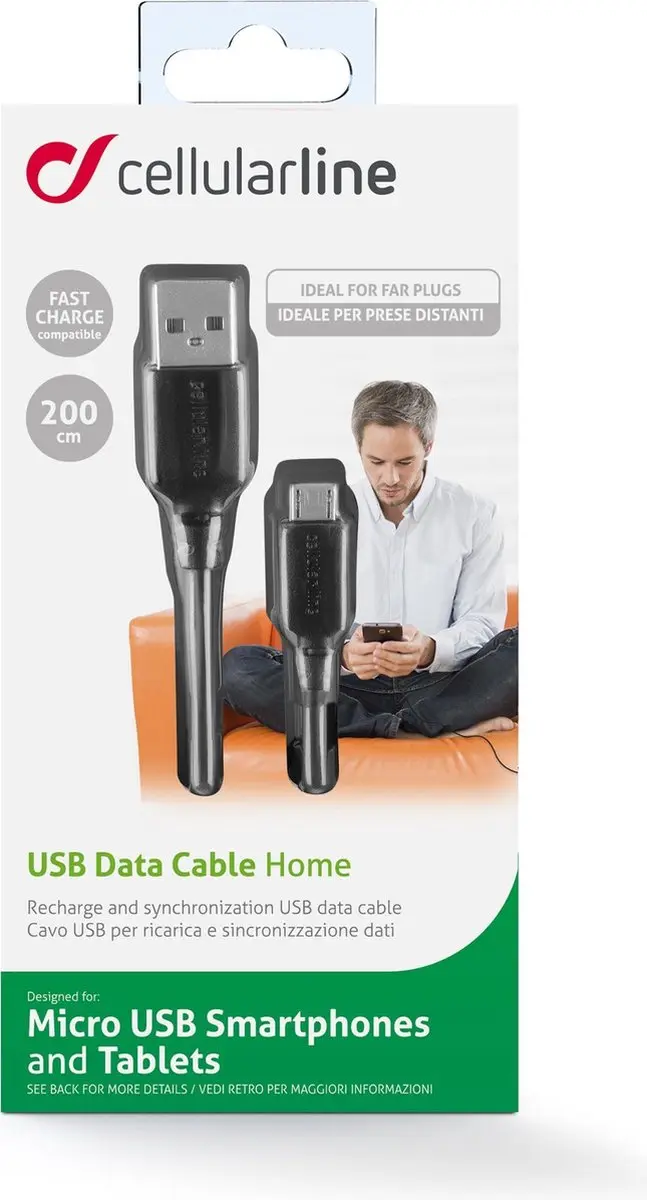Cellularline Home USBDATACMICROUSB2M USB-kabel - Zwart - afbeelding 5 van 6