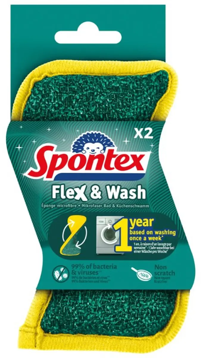 Spontex Flex & Wash reinigingssponzen, S-vorm, 2 stuks