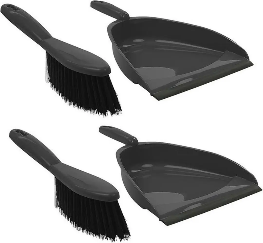 2x Grijze stoffer en blik set kunststof 22 x 33 cm