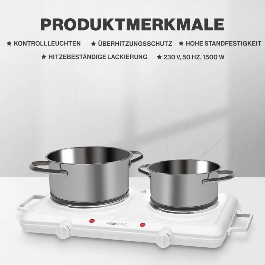 Clatronic DKP 3583 Dubbele Kookplaat - 1000+1500W - Wit - afbeelding 2 van 5