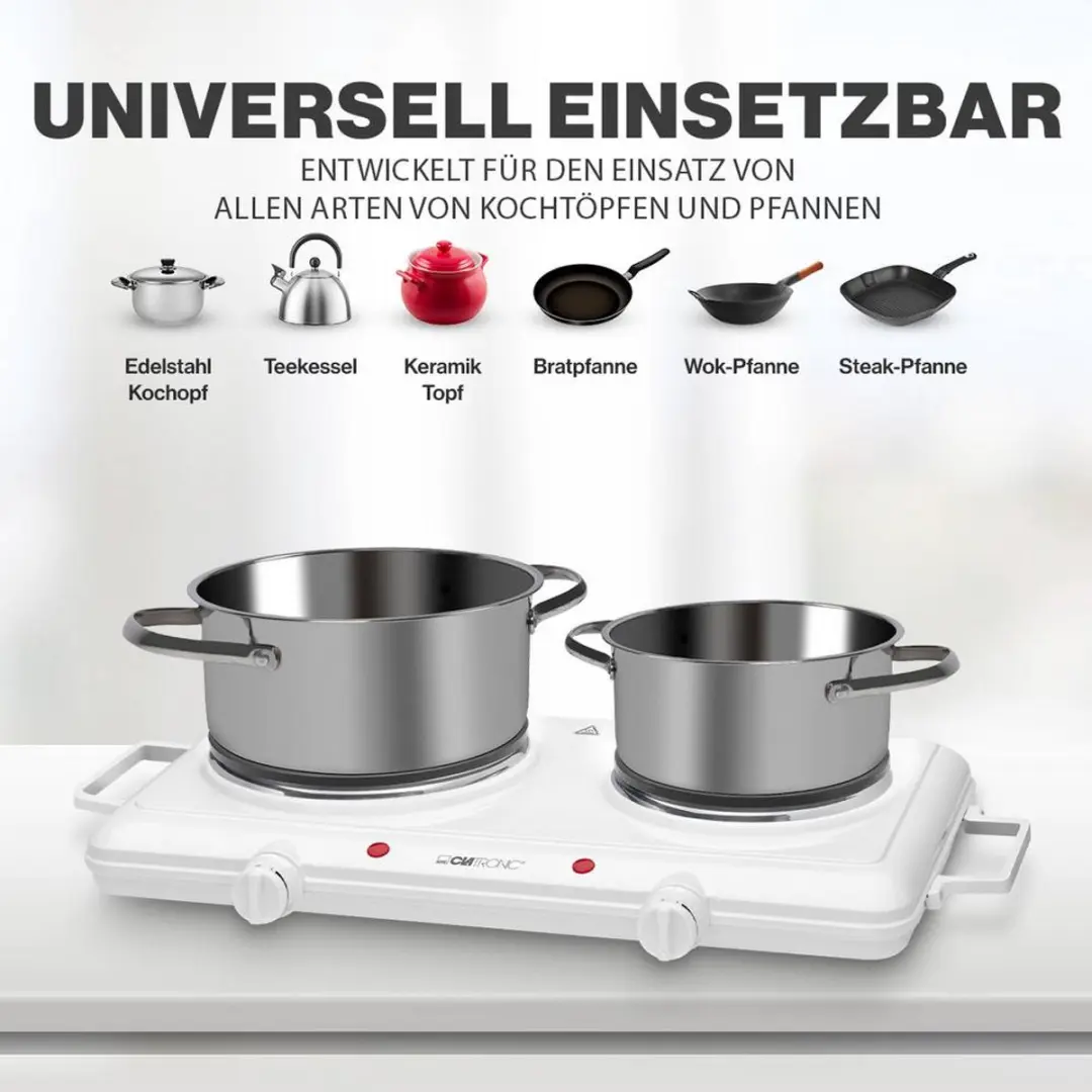 Clatronic DKP 3583 Dubbele Kookplaat - 1000+1500W - Wit - afbeelding 4 van 5