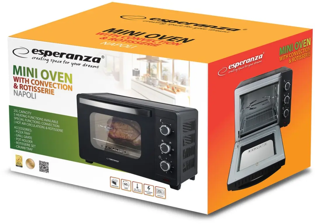 Esperanza Napoli EKO006N Mini Oven - 25L - 1600W - Zwart - afbeelding 5 van 6