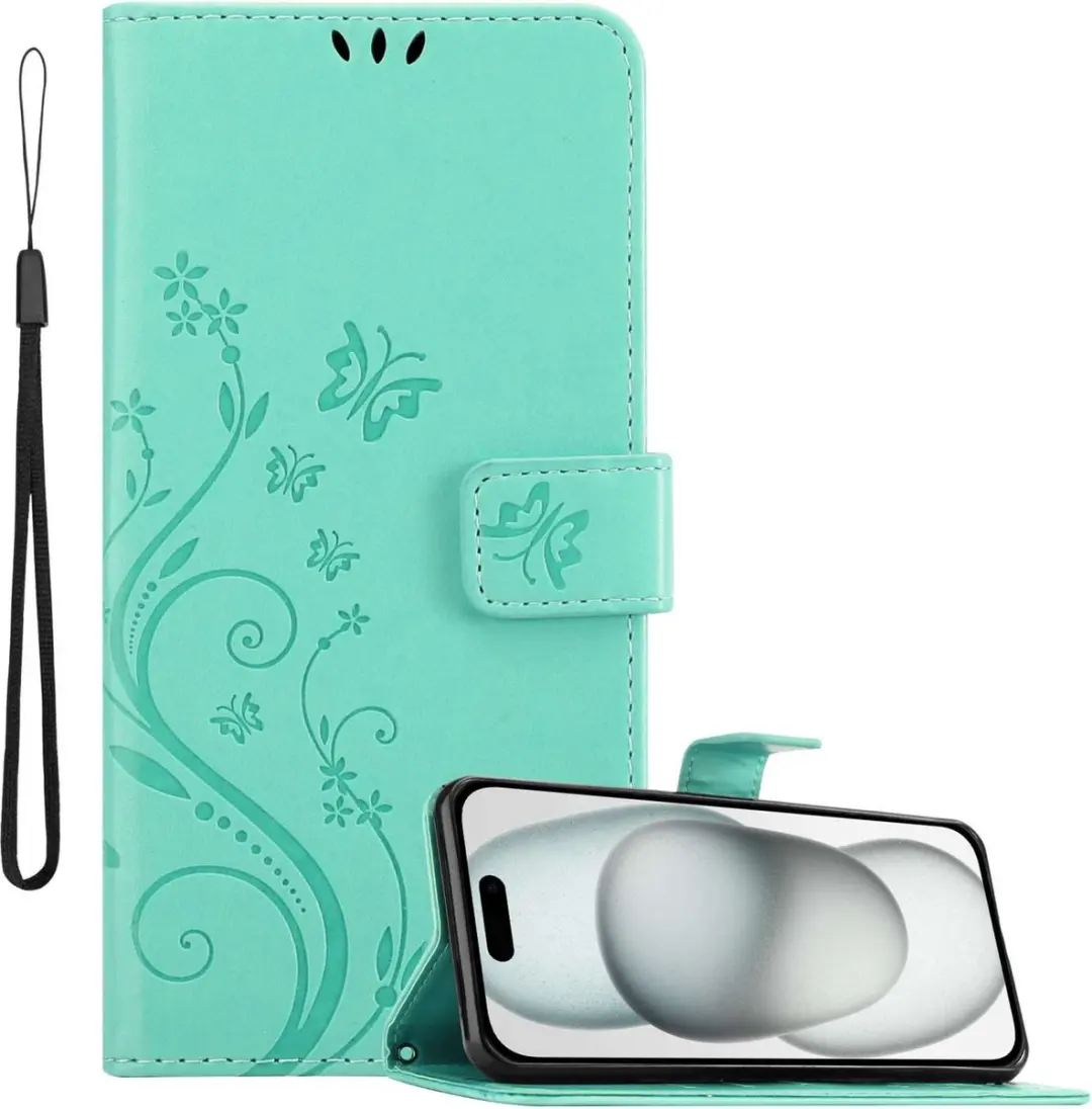 Cadorabo Hoesje geschikt voor Apple iPhone 15 PLUS in BLOEMEN TURKOOIS