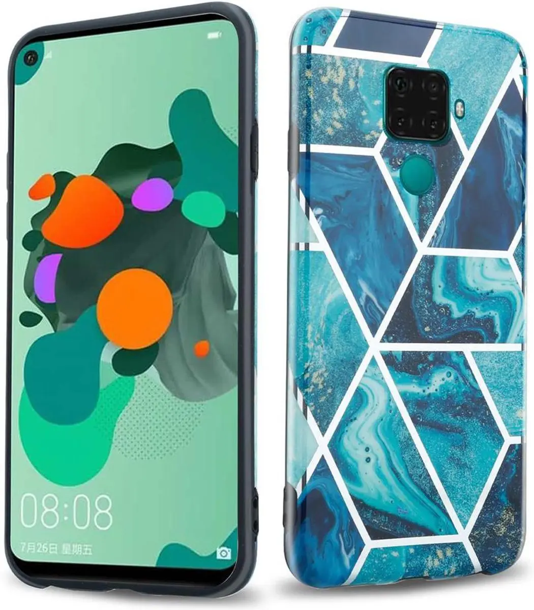Cadorabo Hoesje geschikt voor Huawei MATE 30 LITE in Blauwe Golf Marmer No. 13